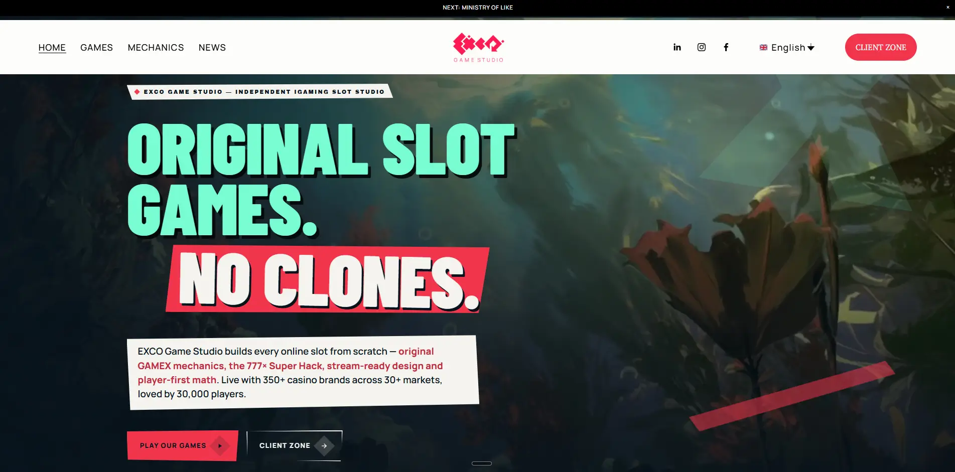 Página da EXCO Game Studio e catálogo de slots
