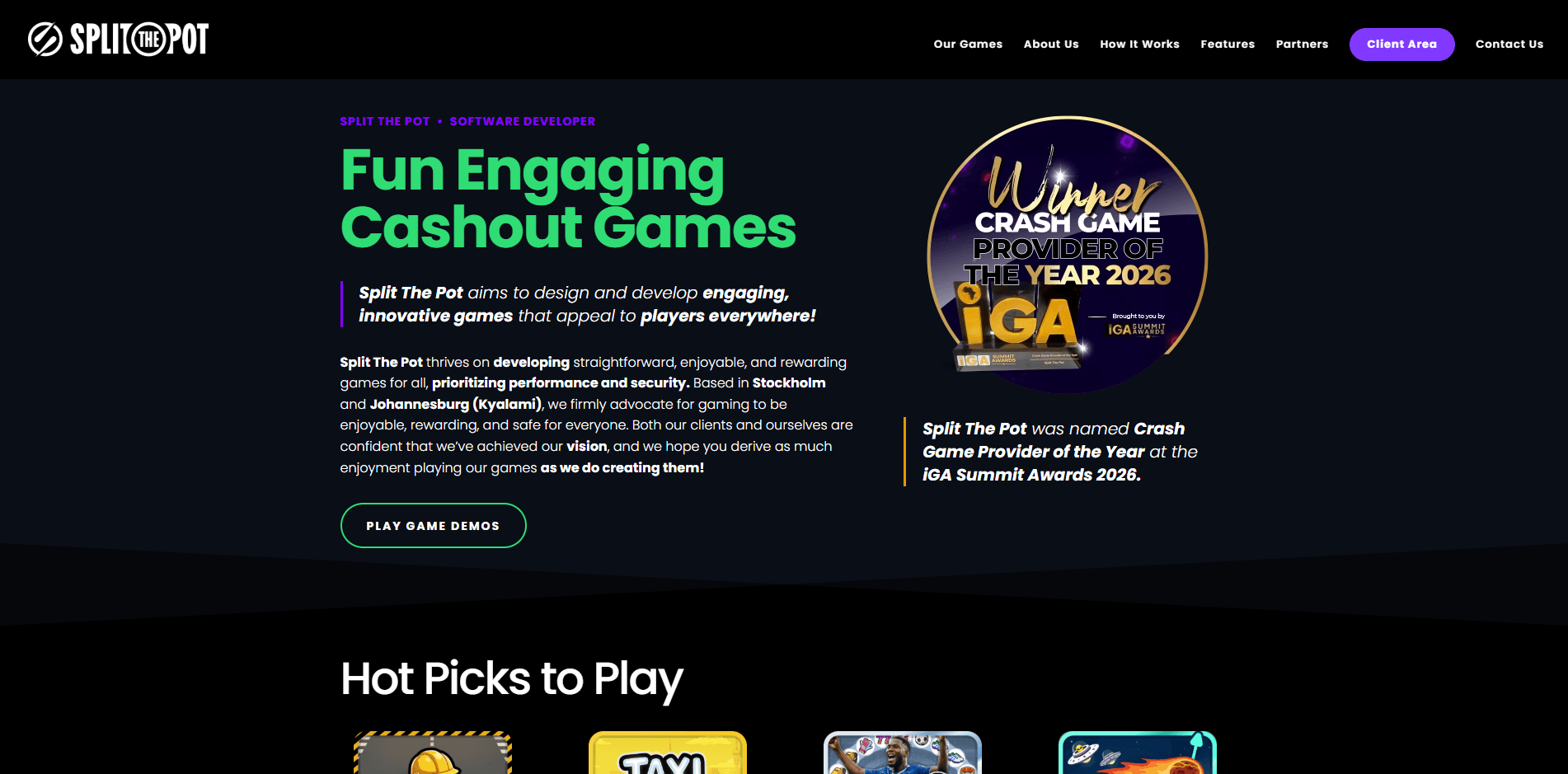Página oficial da Split The Pot Games com o catálogo de jogos para celular